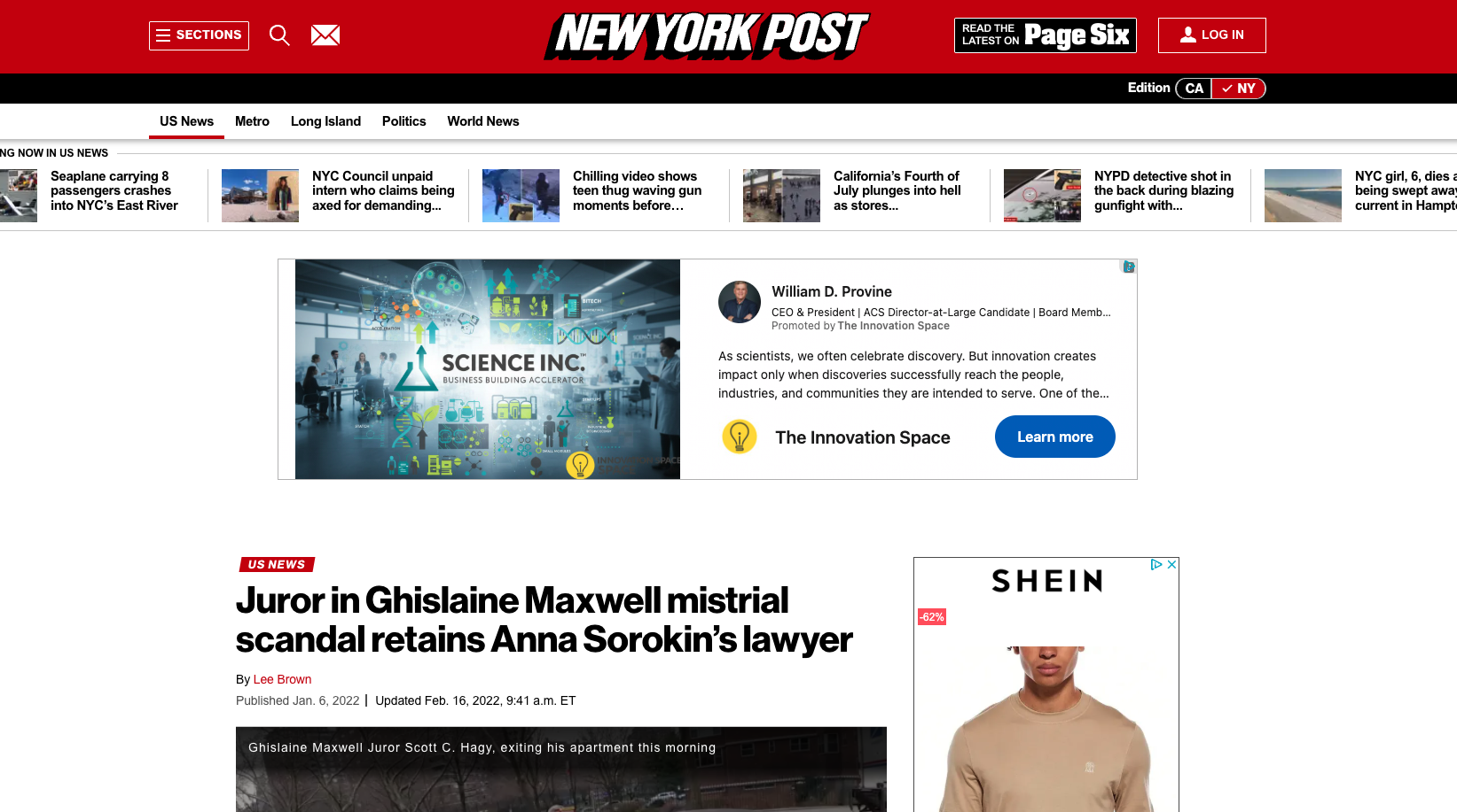 New York Post - Maxwell-trial juror retains Anna Sorokin's lawyer