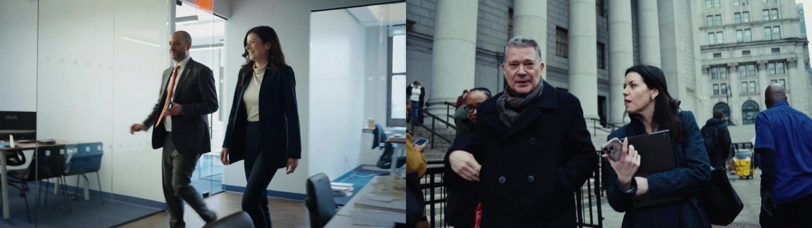 From the office to the courthouse - the walk-through at 233 Broadway; counsel arriving past the columns